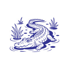 Alligator in Marsh Cartoon Line Art Illustration