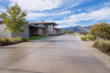 Obraz premium A contemporary house sits gracefully at the end of an extended driveway, framed by majestic mountains in the backdrop, basking in the warmth of a sunny day.