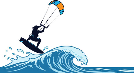 Silhouette of a Kitesurfer Jumping Over a Wave. © Berkah