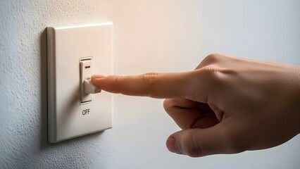 Close-up of a finger operating a light switch at home, symbolizing energy saving and electrical power. high quality stock jJPG../
