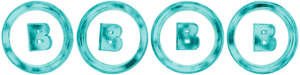 Set of four 3D b alphabet round shapes in frosted blue ice glass style, isolated on a transparent background. Glassmorphism icons and 3D elements for modern graphic design. © Thanh