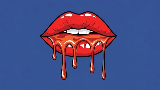 Pop Art Style Lips with Dripping Lipstick on Blue Background - Powered by Adobe
