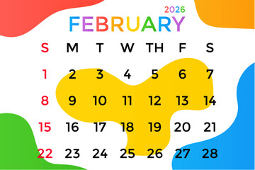 February 2026 calendar with colorful abstract design. Calendar template for planning, scheduling, and important dates. Suitable for office, school, marketing, and time management projects.