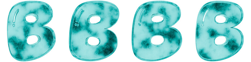 Set of four 3D bubble letter b solid shapes in frosted blue ice glass style, isolated on a transparent background. Glassmorphism icons and 3D elements for modern graphic design. © Thanh