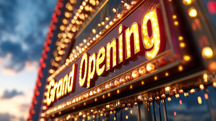 Grand Opening Sign with Gold Leaf Letters Being Hung Against Blue Sky, Celebratory Commercial Illustration.
