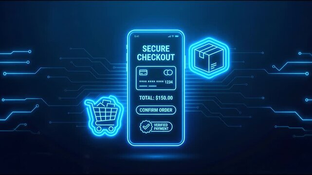 Secure checkout mobile screen with neon shopping cart, delivery box, package icon and verified payment badge showing payment field, digital transaction flow and e commerce order confirmation glowing