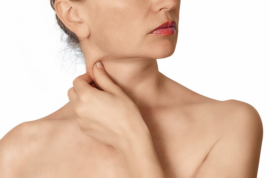 Woman touching neck skin, beauty and skincare concept, female neckline care, anti aging treatment.
