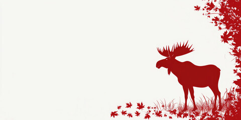 Bold red moose silhouette amid maple leaves on cream &mdash; perfect for Canadian wildlife blogs, autumn marketing, tourism sites, Indigenous culture content, and rustic design projects celebrating nature 