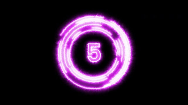 Purple Neon Countdown Timer 10 to 0 with Alpha Channel. Glowing Electric Circle Countdown 10 Seconds on Transparent Background. 10 Second Digital HUD Countdown - Purple Energy Ring - Alpha