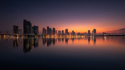 Obraz premium City skyline at sunset with buildings reflected in still water