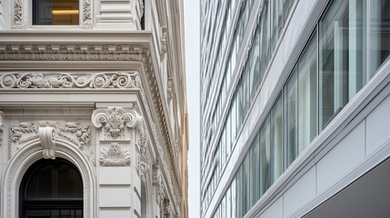 Split-Frame Architectural Duality: Classical Stone Facade vs. Modern Glass Skyscraper, Historical and Contemporary Design Dialogue.