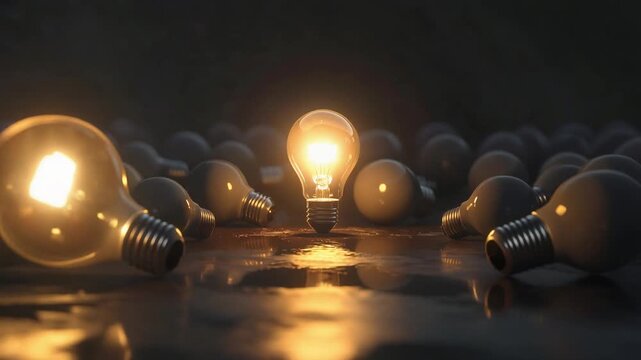 周囲に消えた電球の中で明るく輝く一灯が革新的思考を示す構図