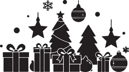 Black and white Christmas themed with trees stars and gifts holiday 1