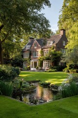 Obraz premium Beautiful house with a garden and pond located in a green area on a sunny day during the afternoon hours inviting relaxation and enjoyment of nature