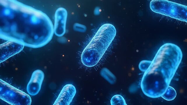 発光する微生物の形状を拡大した生物学的イメージが研究対象を強調する表現