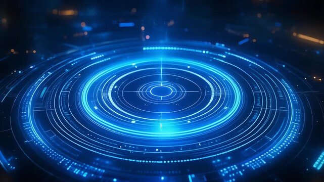発光する同心円が広がるデジタル空間で未来技術を示唆する抽象ビジュアル