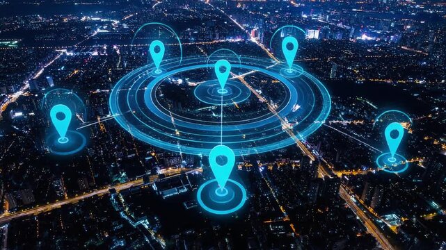 夜景の都市地図に位置情報が光るネットワーク構造を示す俯瞰ビジュアル