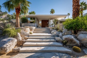 A series of steps guide you to a contemporary home nestled amidst vibrant plants and striking rocks, all bathed in midday sunlight within a picturesque desert setting