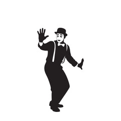 Fototapeta premium Silhouette of a mime artist striking an expressive pose with open hands, conveying a sense of surprise or wonder, illustrating performance art on white