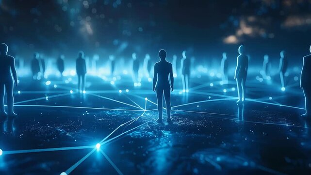 青い光でつながる人物シルエットがデジタル社会のネットワークを象徴する構図