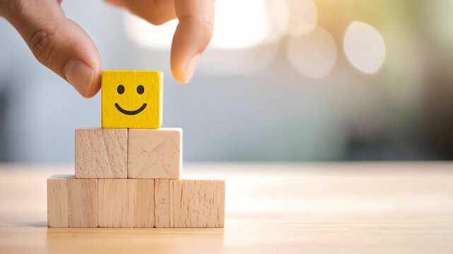 積み木の上に笑顔アイコンを置く手元が満足度や成功を示すシーン