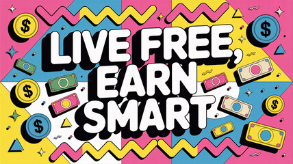Colorful pop art illustration with dollar signs money icons and "LIVE FREE, EARN SMART" text
