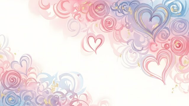 A beautiful watercolor illustration featuring hearts and swirls in delicate pastel shades of pink and purple