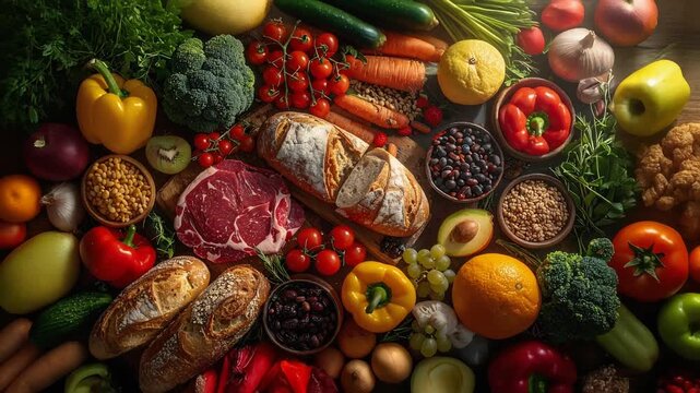 肉や野菜が豊富に並ぶ食材集合が栄養と食生活の多様性を示す俯瞰構図