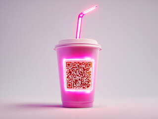 Neon pink takeaway cup with a glowing QR code and straw on a minimal background.