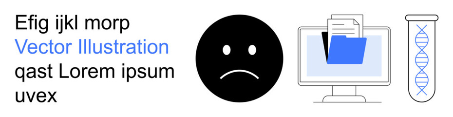 Fototapeta premium Emotions, technology, science, data analysis, file management, communication. Sad face symbol, DNA helix and computer screen with documents. Emotions and technology