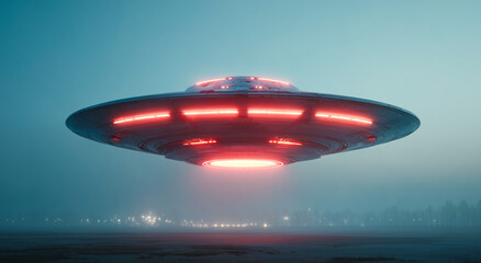 Obraz premium Futuristic UFO spacecraft hovering in a dark misty space with glowing lights.