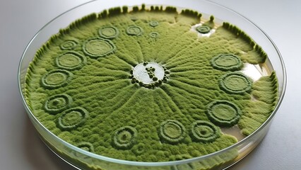 Petri dish with green bacteria culture.