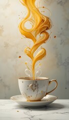 Porcelain Teacup with Swirling Golden Liquid &ndash; Artistic Beverage Motion on Marble with Floral Backdrop