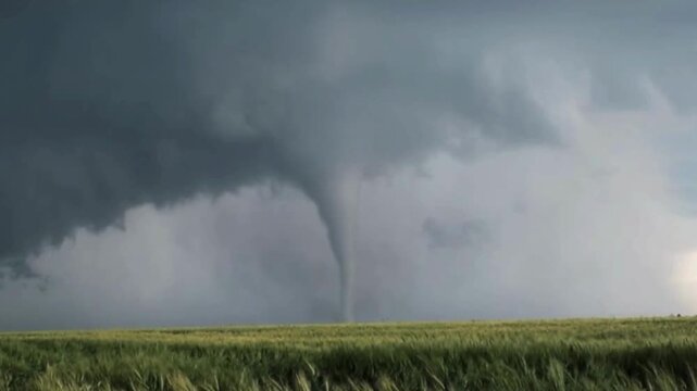 A stunning and terrifying moment of a tornado funnel descending from dark, turbulent storm clouds amidst heavy rainfall. the intensity of extreme weather