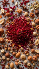 Dried Botanicals and Red Potpourri &ndash; Natural Texture Flatlay with Spices and Seed Pods for Rustic Decor and Aromatherapy