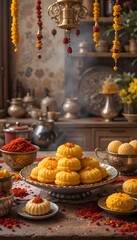 Traditional Indian Festival Sweets and Decor &ndash; Modaks and Ritual Elements in Vibrant Celebration Setting