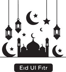 Black and white Eid Ul Fitr celebration with mosque crescent moons stars and lanterns