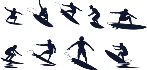 Obraz premium Black silhouette vector illustration of surfers in dynamic poses riding surfboards, perfect for water sports and beach themes