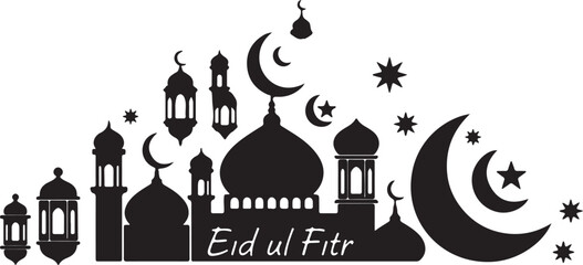 Black and white Eid ul Fitr with mosque crescent moon stars and lanterns