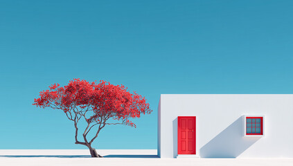 Minimal white house with a red door and a lone tree in a desert landscape under a blue sky.
