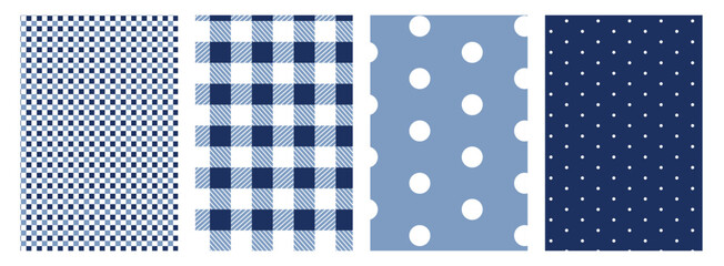 A set of retro seamless patterns with polka dots and checks. Simple and abstract elements.