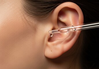 Obraz premium Closeup of a dropper applying liquid into a persons ear, showcasing medical treatment or ear cleaning process