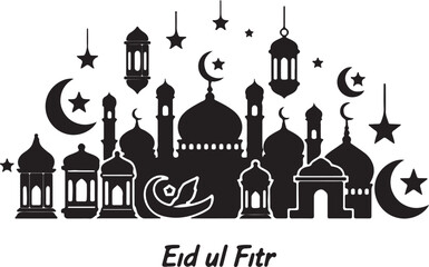 Black and white Eid ul Fitr with mosque domes crescent moons stars and lanterns minarets