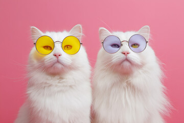 Two fluffy white cats wearing colorful round sunglasses on a pink background.