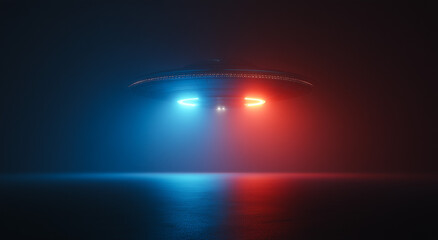 Futuristic UFO spacecraft hovering in a dark misty space with glowing lights.