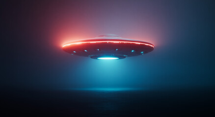 Obraz premium Futuristic UFO spacecraft hovering in a dark misty space with glowing lights.