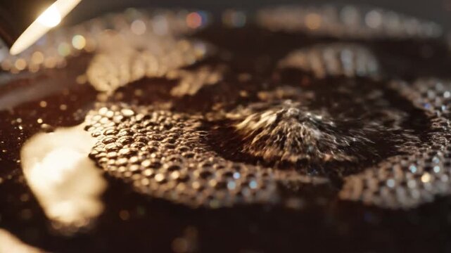 Close-up of sizzling food on a hot griddle or skillet.