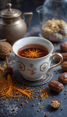 Elegant Saffron Tea Setting with Dates and Nutmeg &ndash; Traditional Beverage Scene for Culinary, Wellness, and Cultural Themes