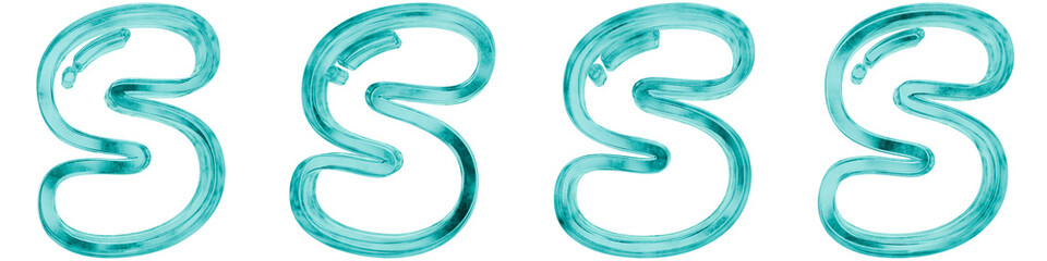 Naklejka premium Set of four 3D bubble letter s shapes in frosted blue ice glass style, isolated on a transparent background. Glassmorphism icons and 3D elements for modern graphic design.