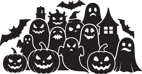 Black and white Halloween scene with ghosts pumpkins bats and haunted house 1